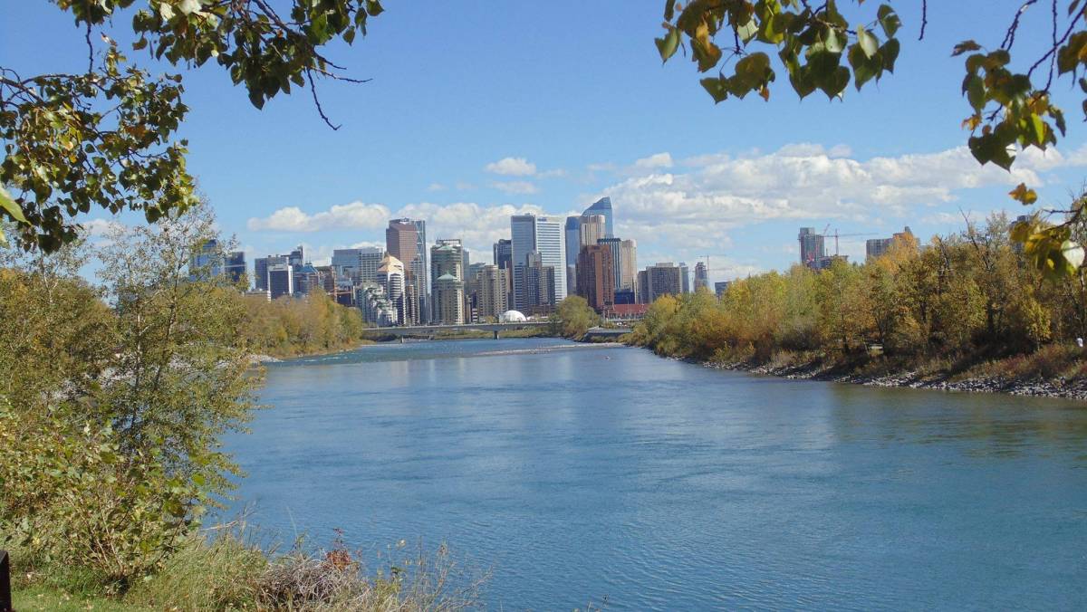 Bow River view of downtown Calgary from west