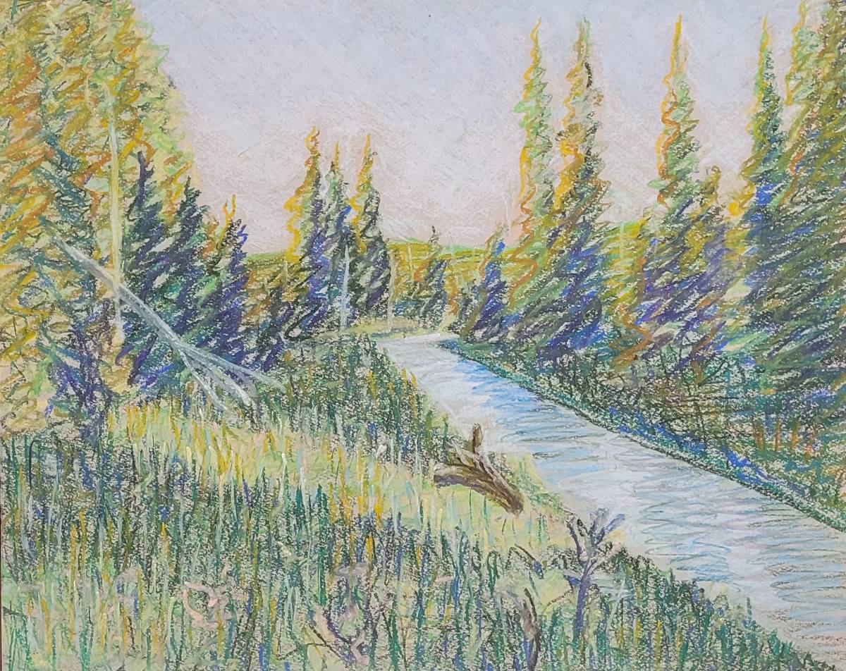 Creek in forest, near Bragg Creek pastel drawing