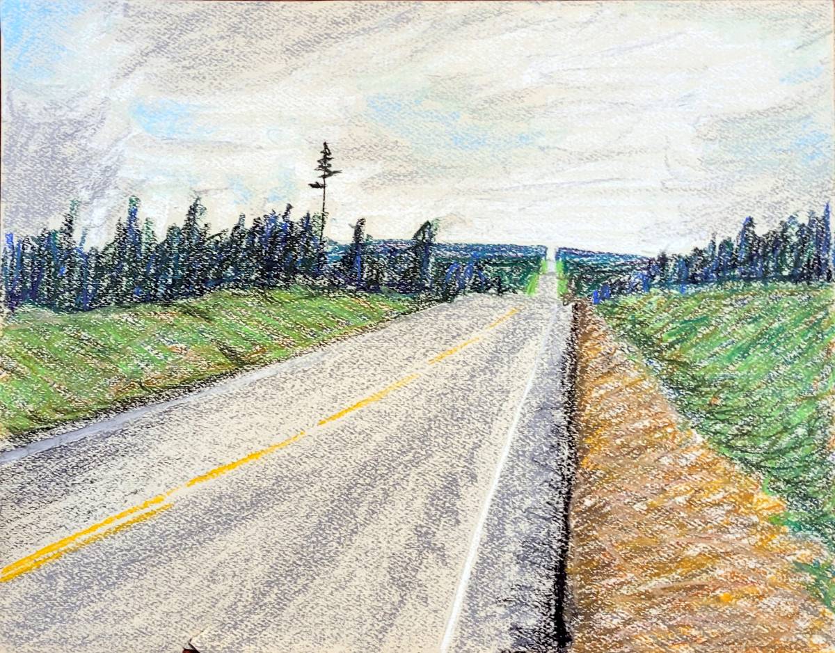 Highway through northern Forest, north of Whitecourt pastel drawing