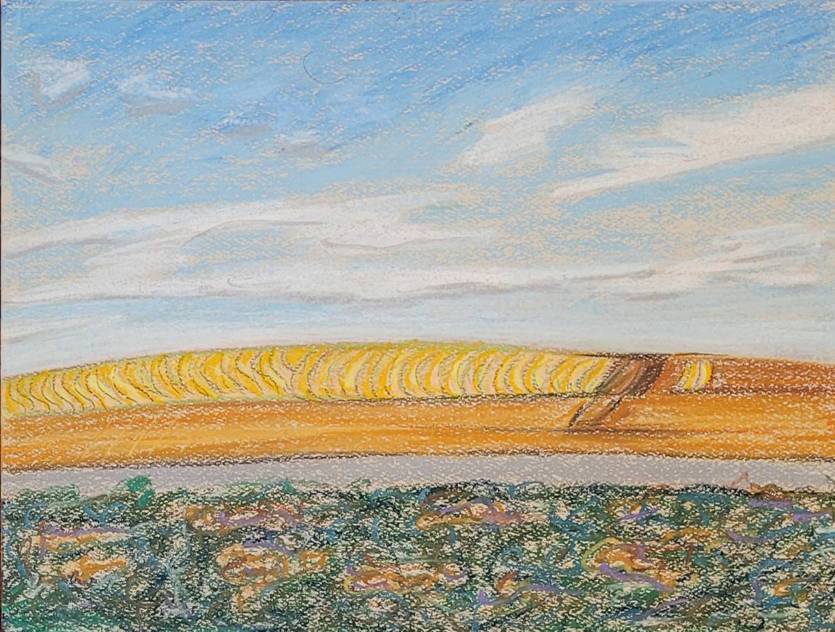 Harvested wheat fields near Drumheller pastel drawing
