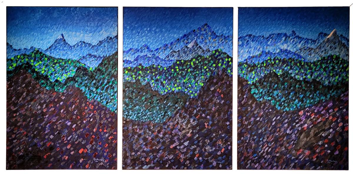 Sunset in the Rockies triptych oil painting (1981) 36 in x 72 in